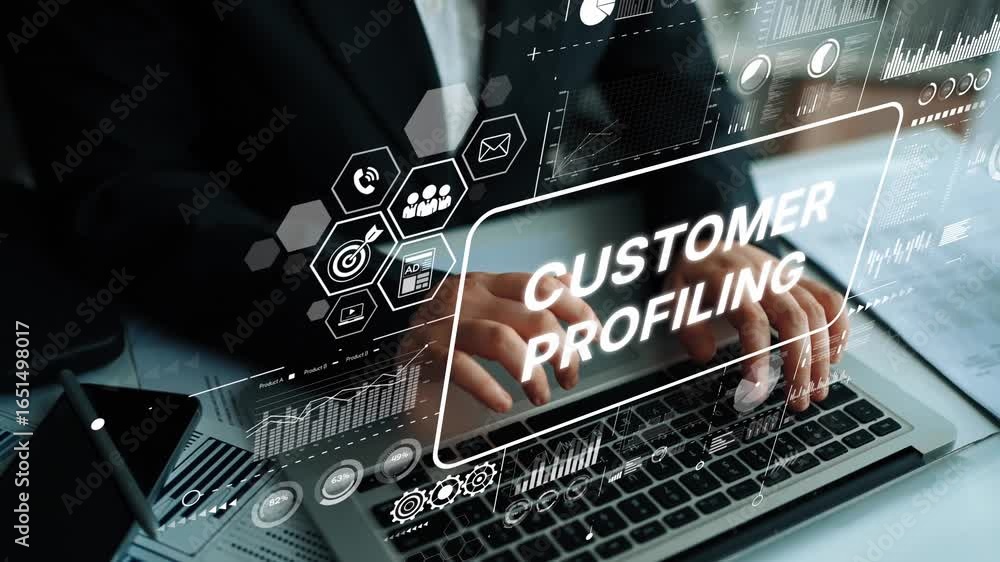 Aufkleber professional hands typing on a laptop with digital customer profiling interface and data analytics g