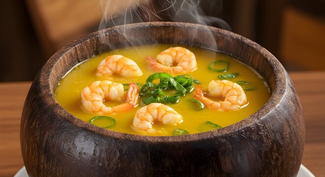 Traditional Brazilian tacac&aacute; served in a wooden bowl, featuring shrimp, tucupi broth, and jambu leaves, authentic Amazonian cuisine, rustic presentation, cultural gastronomy, typical dish from norther