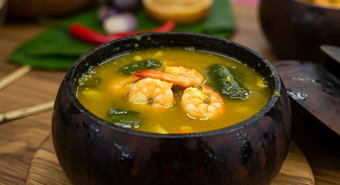Traditional Brazilian tacac&aacute; served in a wooden bowl, featuring shrimp, tucupi broth, and jambu leaves, authentic Amazonian cuisine, rustic presentation, cultural gastronomy, typical dish from norther