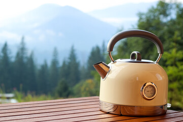 Elegant kettle sits on wooden table with serene landscape in background during morning light