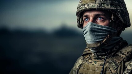 Caucasian man in battlefield uniform speaking on walkie talkie radio, fear and war concept video footage.
