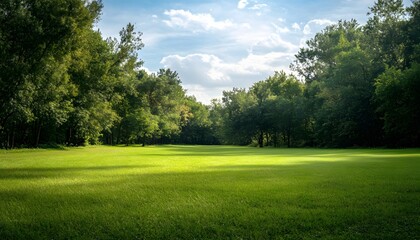 Naklejka premium A large, grassy field with trees in the background. The sky is blue with some clouds