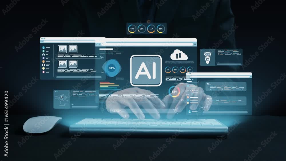 Poster a close-up of hands typing on a modern keyboard, with a vibrant artificial intelligence interface an