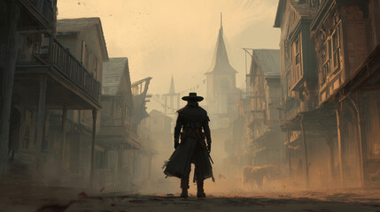 A gunslinger standing in the middle of a dusty main street ready for a duel