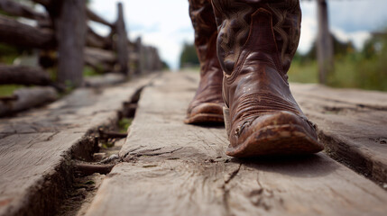 A close-up of spurred cowboy boots walking on wooden boardwalks