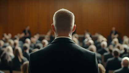 A man in a suit stands in front of a crowd. The crowd is made up of people in suits and ties