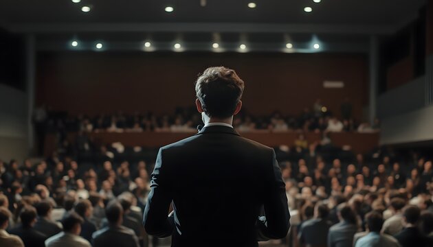 A man stands in front of a crowd of people. He is wearing a suit and tie. The crowd is watching him intently - Powered by Adobe