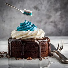 Sweet vs. Clean: A whimsical shot showing a delectable chocolate cupcake, adorned with creamy frosting, and a toothbrush suspended above it, playfully contrasting indulgence with hygiene.