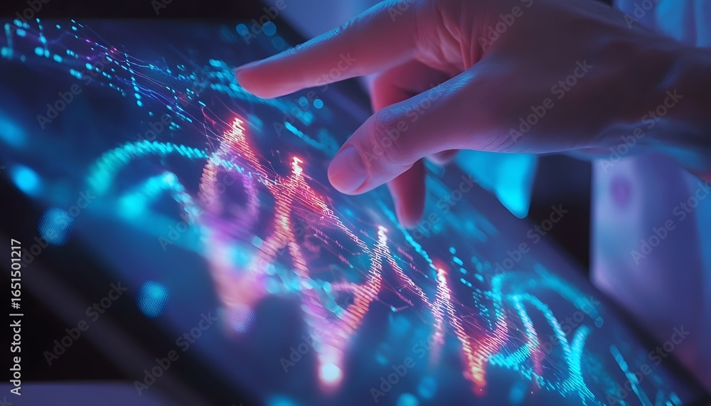 Poster a hand is pointing at a screen with a blue background and red and purple lines. the screen is displa