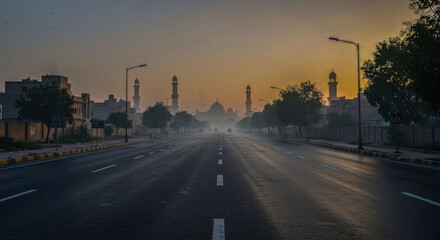 Fototapeta premium Empty Road Leading to Mosque with Minarets – Serene Dawn/Dusk Scene with Mist and Warm Light