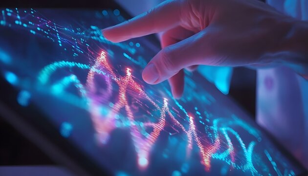 A hand is pointing at a screen with a blue background and red and purple lines. The screen is displaying DNA