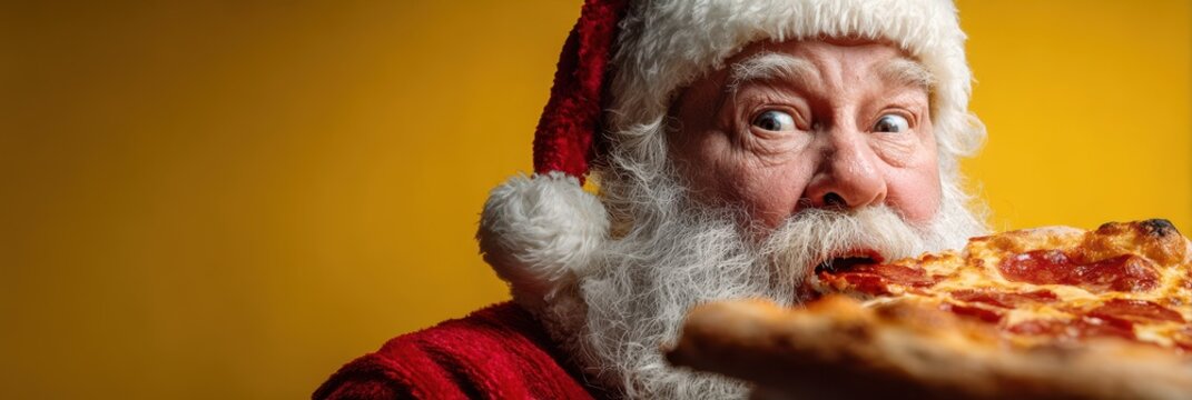 Santa enjoys a slice of pizza against a bright yellow background during the holiday season