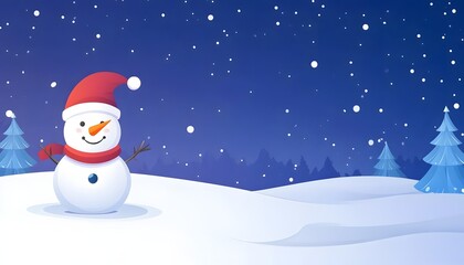 A snowman with a red hat and scarf standing in the snow. The snow is falling and the sky is blue