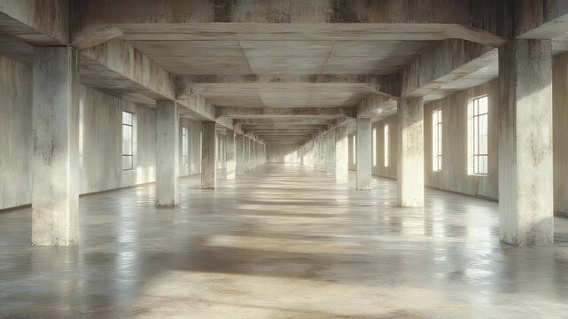 Journey Through an Endless Concrete Hall: A Dynamic Tracking Shot in an Empty Industrial Warehouse.