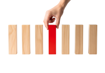 Hand Placing Red Block in Between Wooden Blocks Representing Key Decision Cut Out PNG.