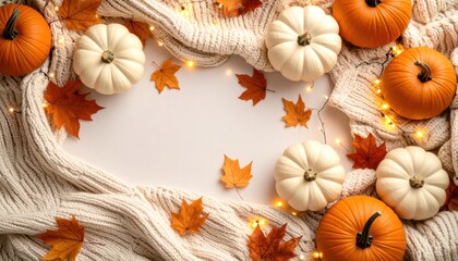 White and orange pumpkins, autumn leaves, cozy knit sweater, and fairy lights create a festive fall frame.