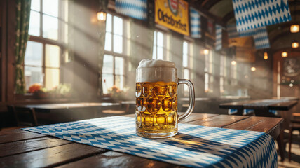 Oktoberfest celebration with large beer stein on blue checkered tablecloth in sunlit bavarian beer hall