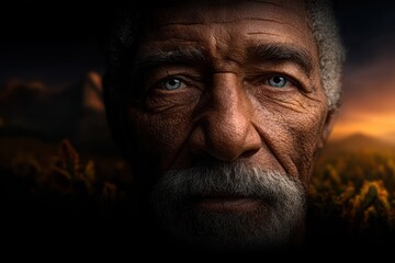 Fototapeta premium Close up of an older man's weathered face, with piercing blue eyes, set against a natural, blurred background at sunset.