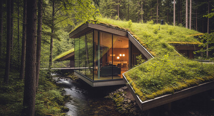 Architecture in harmony with nature: A modern eco-house in the forest by a stream.
