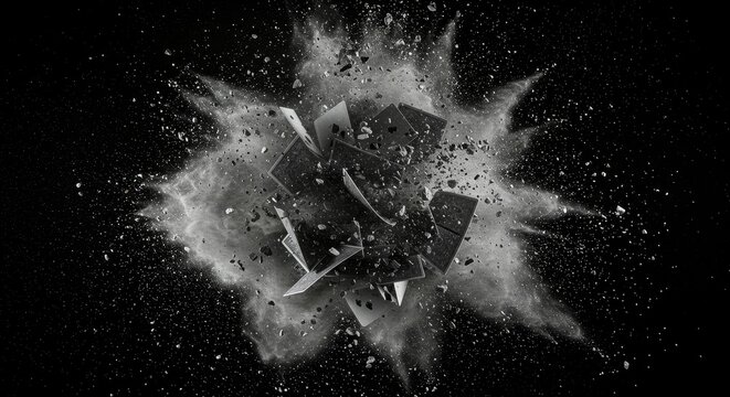 Explosive moment of playing cards disintegration with grey dust particles