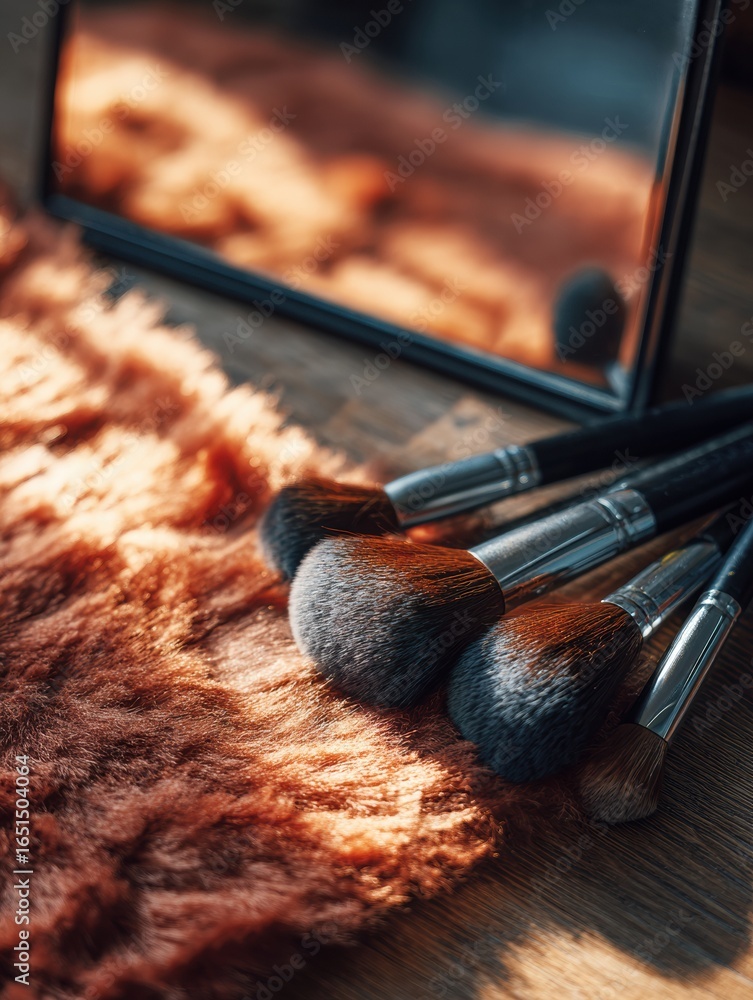 Poster various makeup brushes arranged neatly on a textured surface next to a reflective mirror in a cozy s