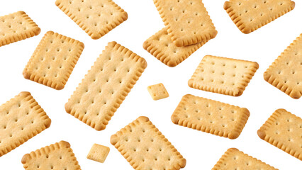 Scattered golden brown crackers isolated on transparent background