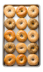Assortment of fresh bagels on a baking tray isolated on transparent background