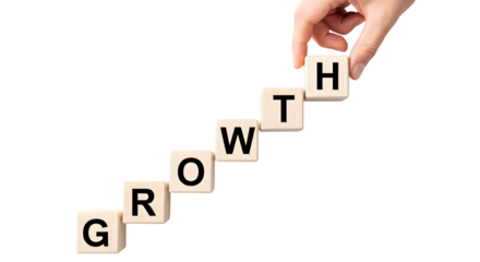 Hand Placing Wooden Blocks with Letters Spelling 'GROWTH' on White Background Cut Out PNG.