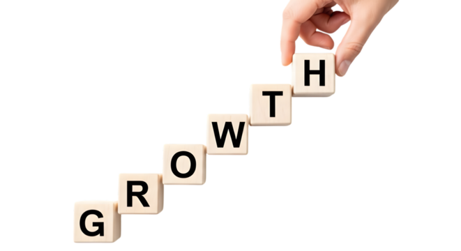 Hand Placing Wooden Blocks with Letters Spelling 'GROWTH' on White Background Cut Out PNG.