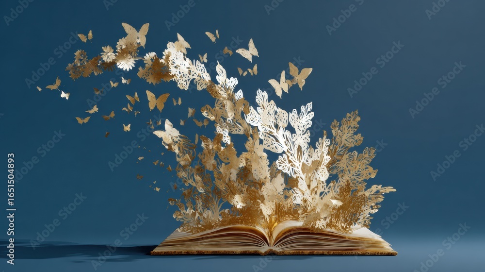 Poster creative artwork of a book with butterflies and flowers emerging in a vibrant display of imagination