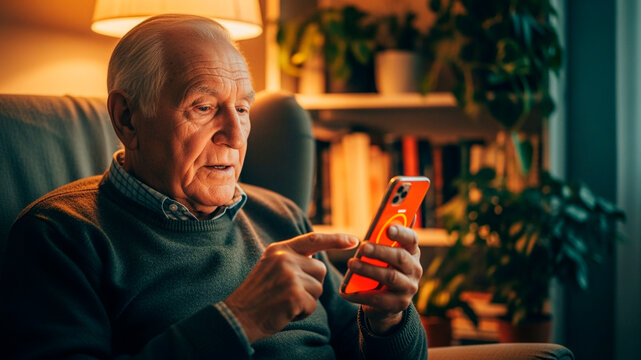 Senior man using smartphone in cozy living room at night