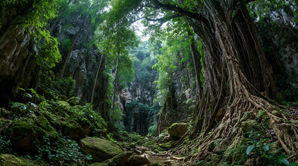 Explore tropical rainforest jungle landscape with trees rocks and green plants nature photography scenery