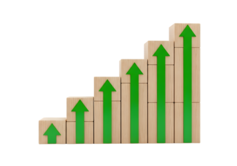 Wooden Blocks with Green Upward Arrows Representing Growth and Progress Cut Out PNG.