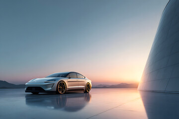 Sleek electric car parked at sunset, modern design and sustainable future vision