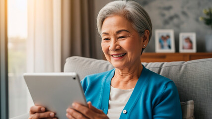 Smiling senior woman using digital tablet on sofa at home
