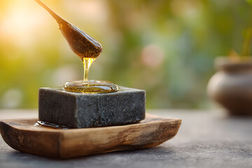 Luxurious honey drizzling on artisan soap bar, spa treatment, natural skincare.