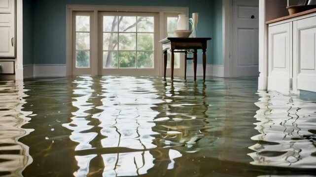 Home floor submerged in water, highlighting water damage and potential issues, realistic photography,.
