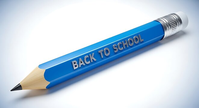 A bright blue pencil with the words Back to School embossed on its side sits on a white surface