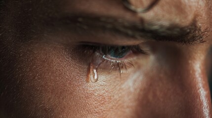 Close-up of a man&rsquo;s temple with a single tear forming at the eye, quiet emotion in a fragile, tender moment.