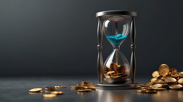 Time is money concept showing gold coins in elegant hourglass on rich dark backdrop
