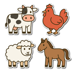 Fototapeta premium Cute cartoon farm animals sticker set on a light background.