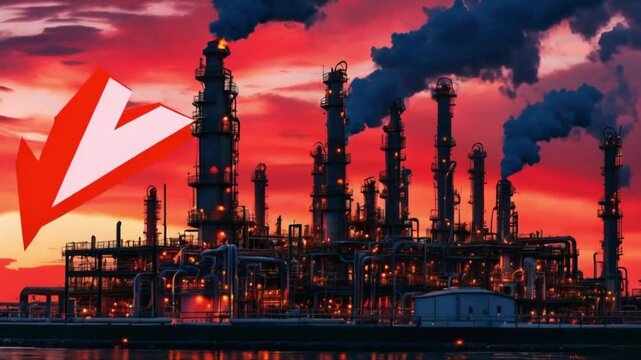 Oil refinery with red rising market arrow.