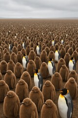 Vast colony of king penguins and chicks in natural habitat on overcast day