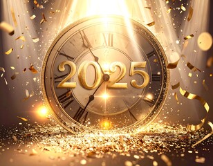 New year clock, golden confetti