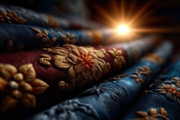Close-up of intricately embroidered textured fabric rolls with golden floral patterns under warm sunlight