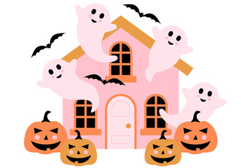 Cute Haunted House with ghost. Haunted Halloween home with Pumpkins and Bats Spooky Vector Greeting Card