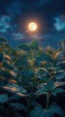 A close-up of vibrant green plant foliage, possibly Physalis peruviana, glowing under the soft light of a full moon in a serene night setting.