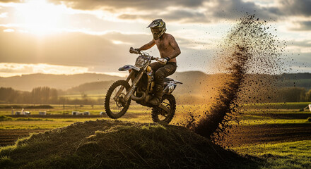 A shirtless motocross rider is captured mid-air, jumping over a dirt mound and kicking up a dramatic spray of dirt and dust behind him