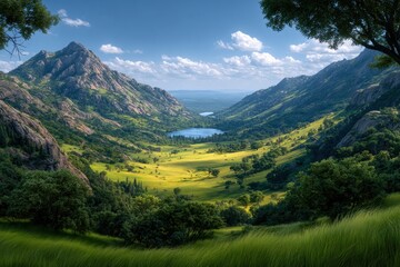Fototapeta premium Breathtaking Mountain Valley Landscape with a Serene Lake Under a Clear Blue Sky