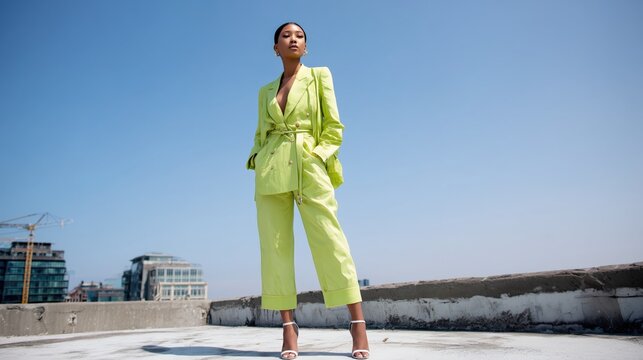 Full body shot of female high class fashion model posing on concrete rooftop wearing lime green tailored suit, fashionable woman in lime green suit on rooftop, bold and modern fashion concept - Powered by Adobe
